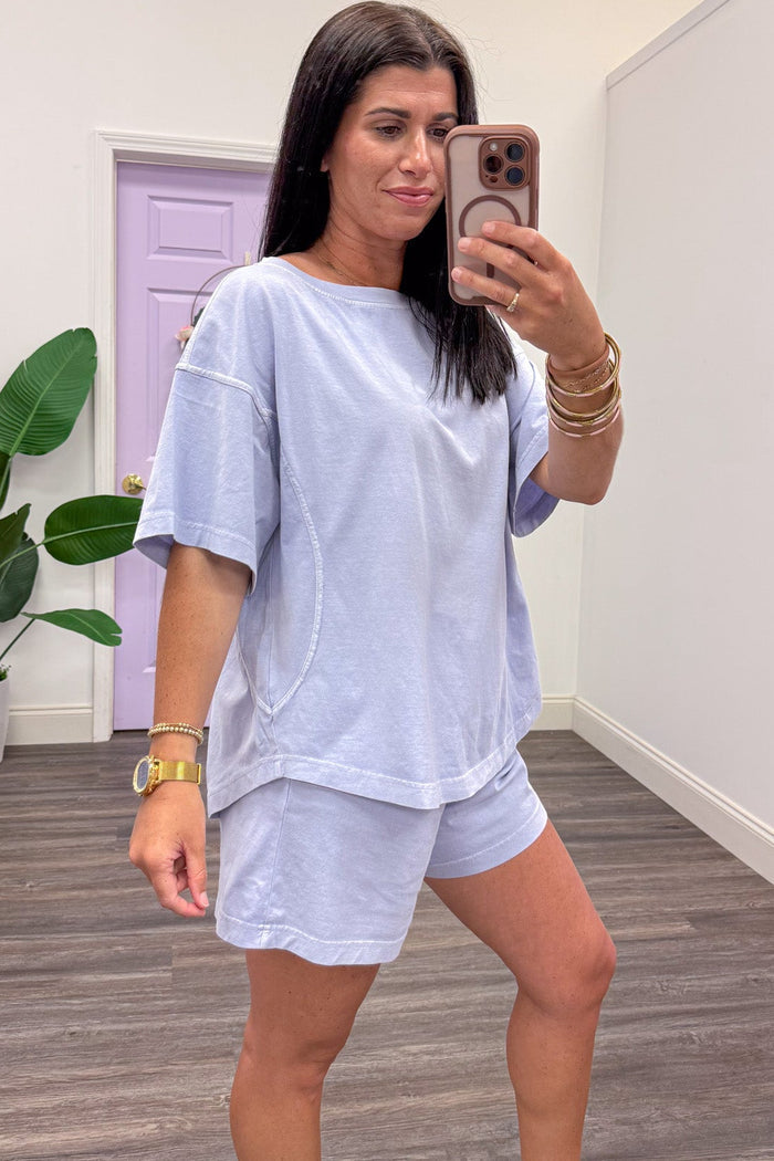 lavender drop shoulder short sleeve casual knit top with reverse seam details
