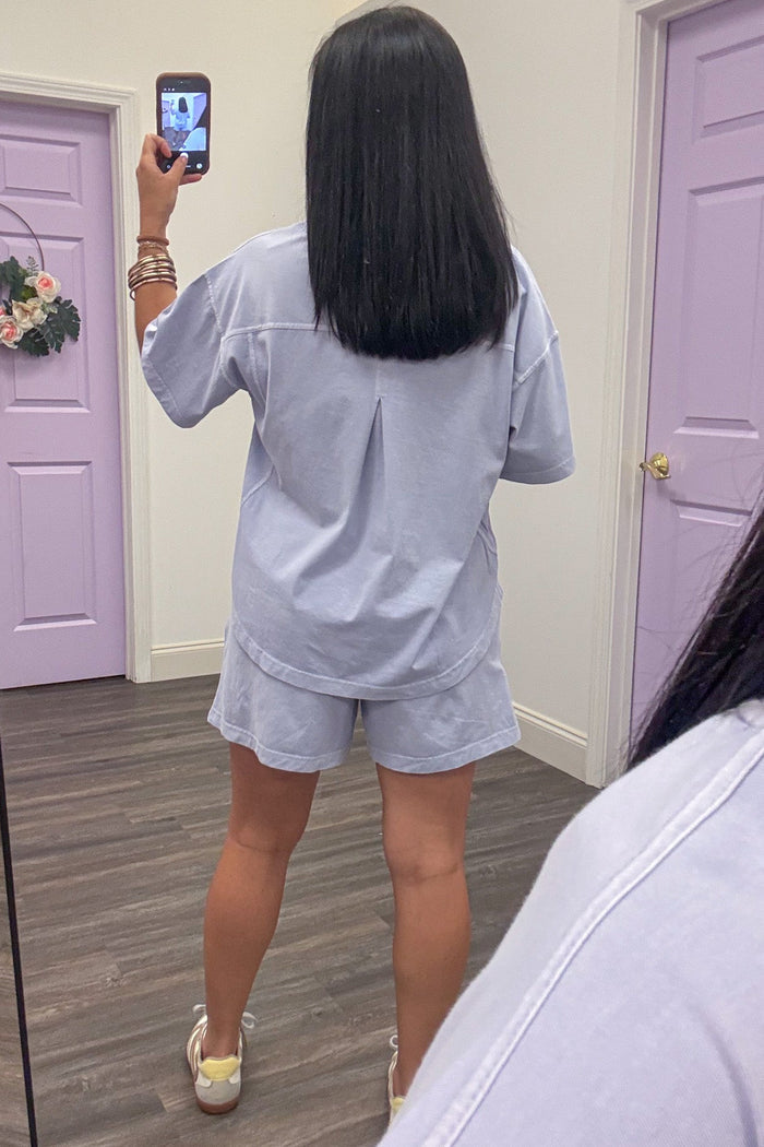 lavender drop shoulder short sleeve crew neckline casual knit top