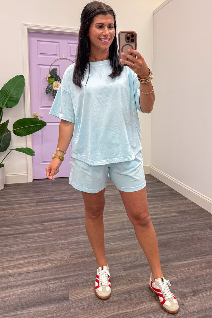 light blue elastic waistband casual knit shorts