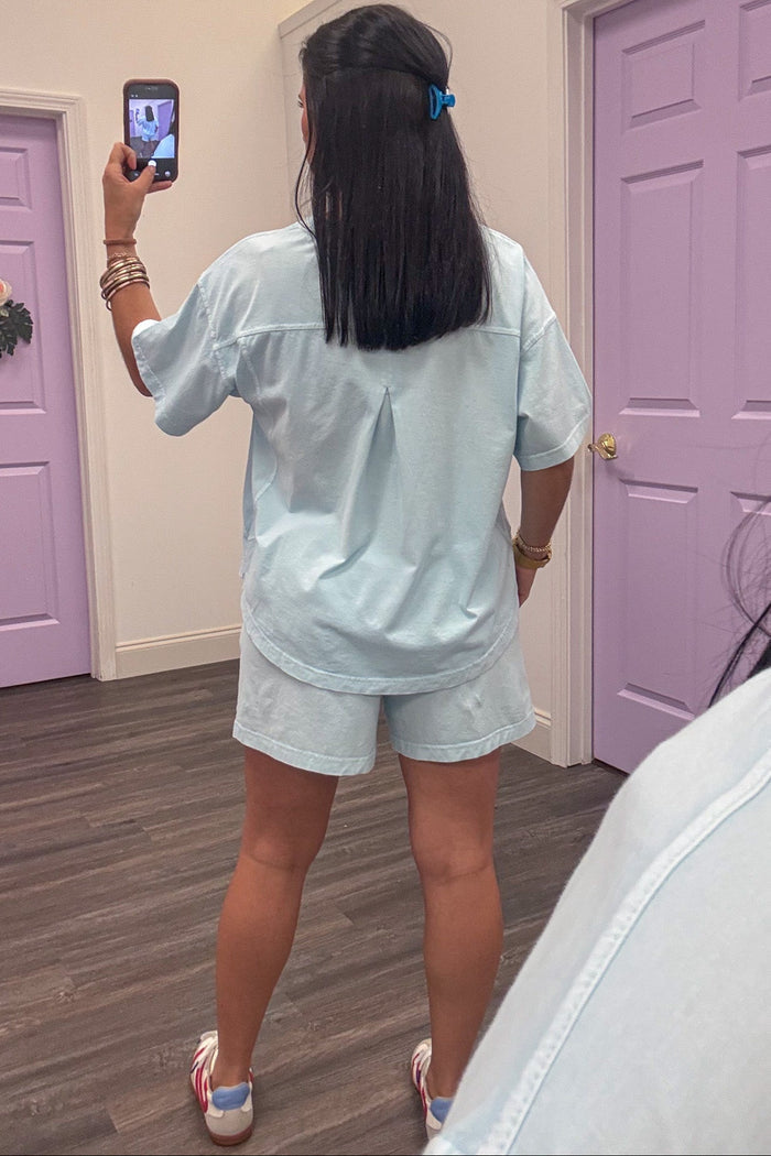 pale blue elastic waistband casual knit shorts