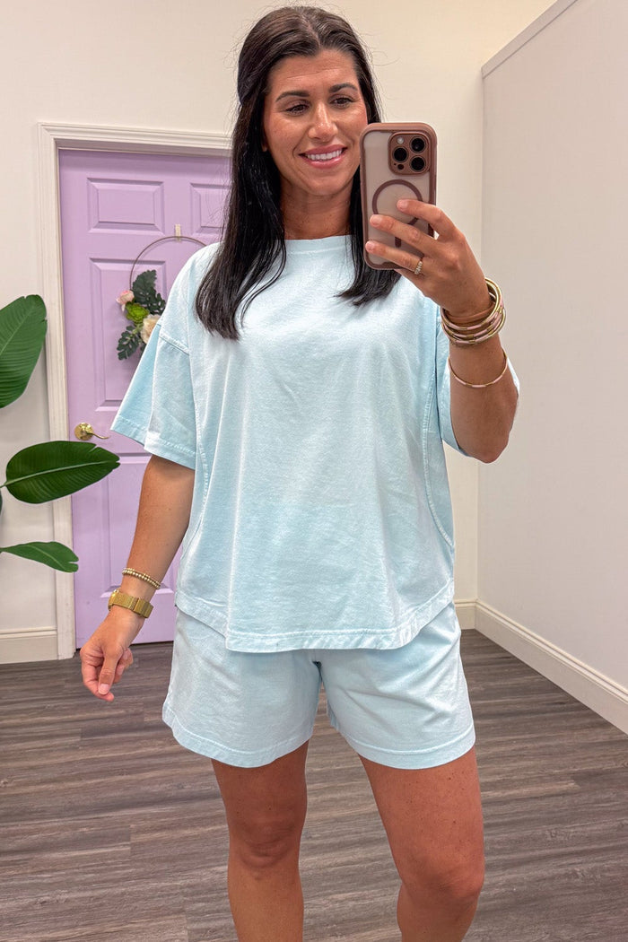 light blue drop shoulder short sleeve casual knit top