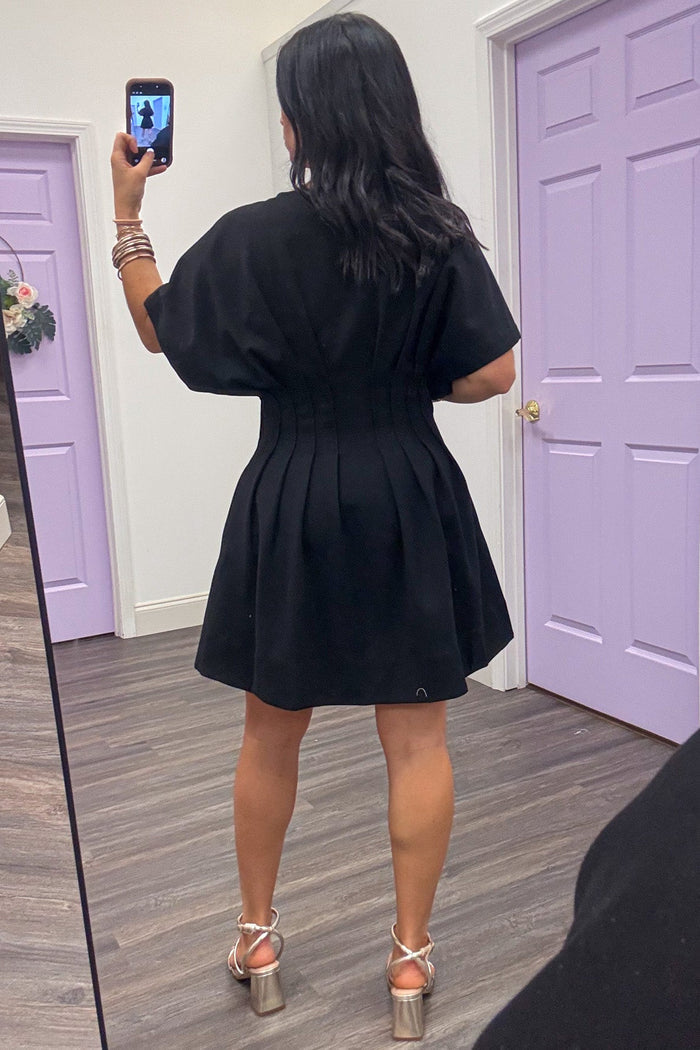 solid black pleated pintuck detail short dolman sleeve short dress
