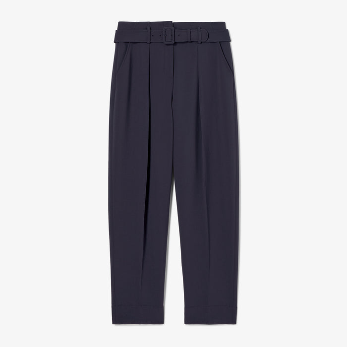 Dark gray pleated pants with a belt on a white background