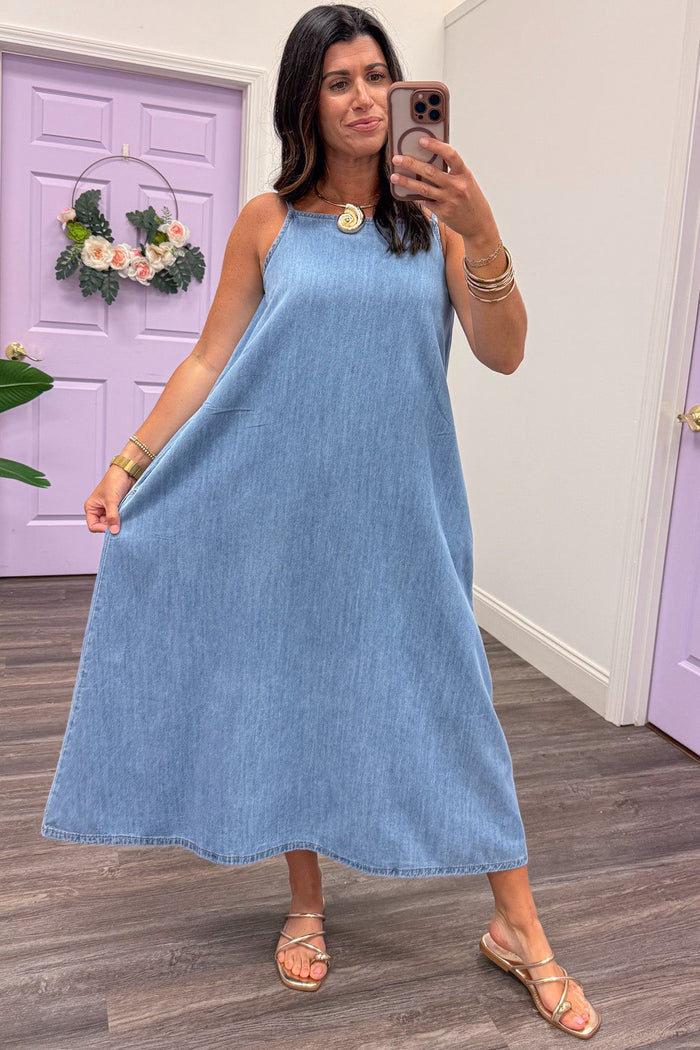 blue chambray denim sleeveless relaxed silhouette maxi dress