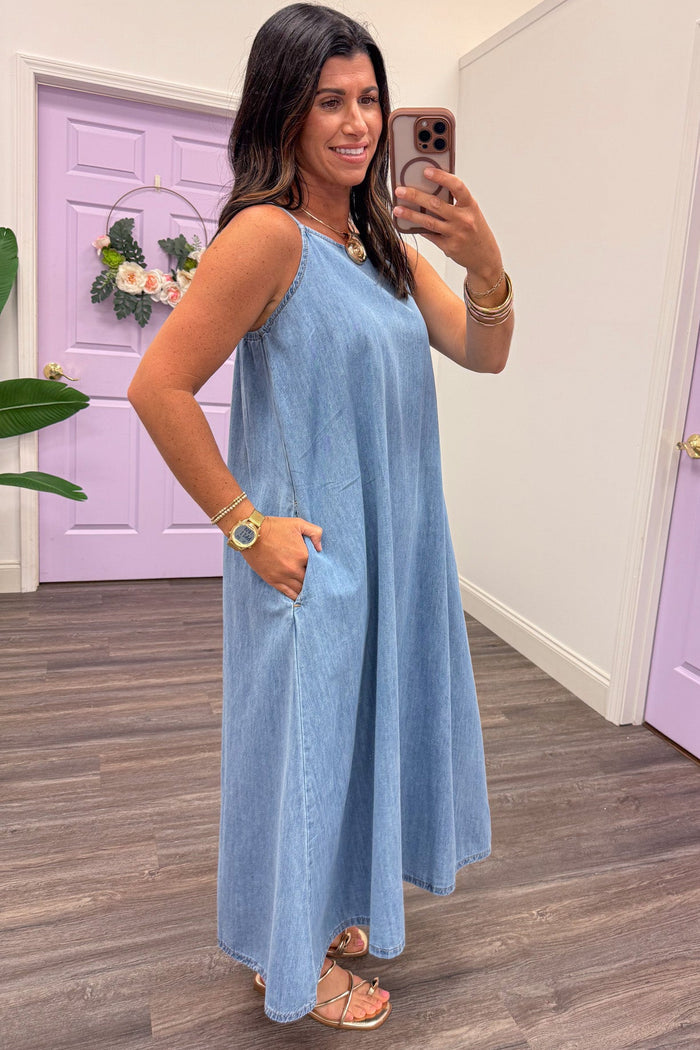 blue chambray denim sleeveless square neckline flowy maxi dress