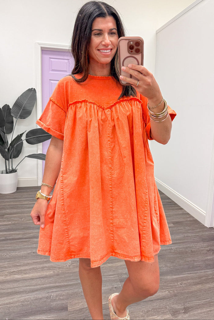 solid washed orange crew neckline short babydoll dress