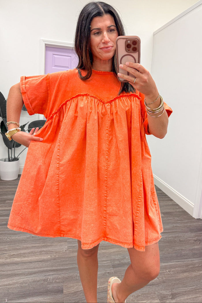 solid washed orange relaxed silhouette short babydoll dress
