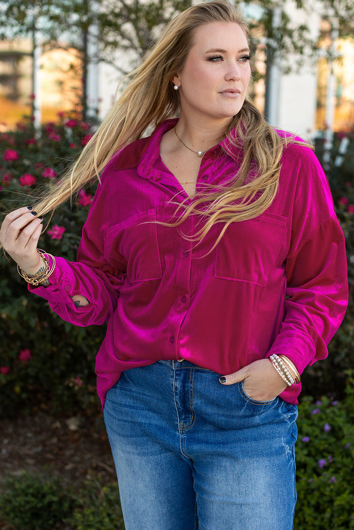Chemise à épaules tombantes et poche poitrine en velours rose vif de grande taille-A WOMAN WE LOVE