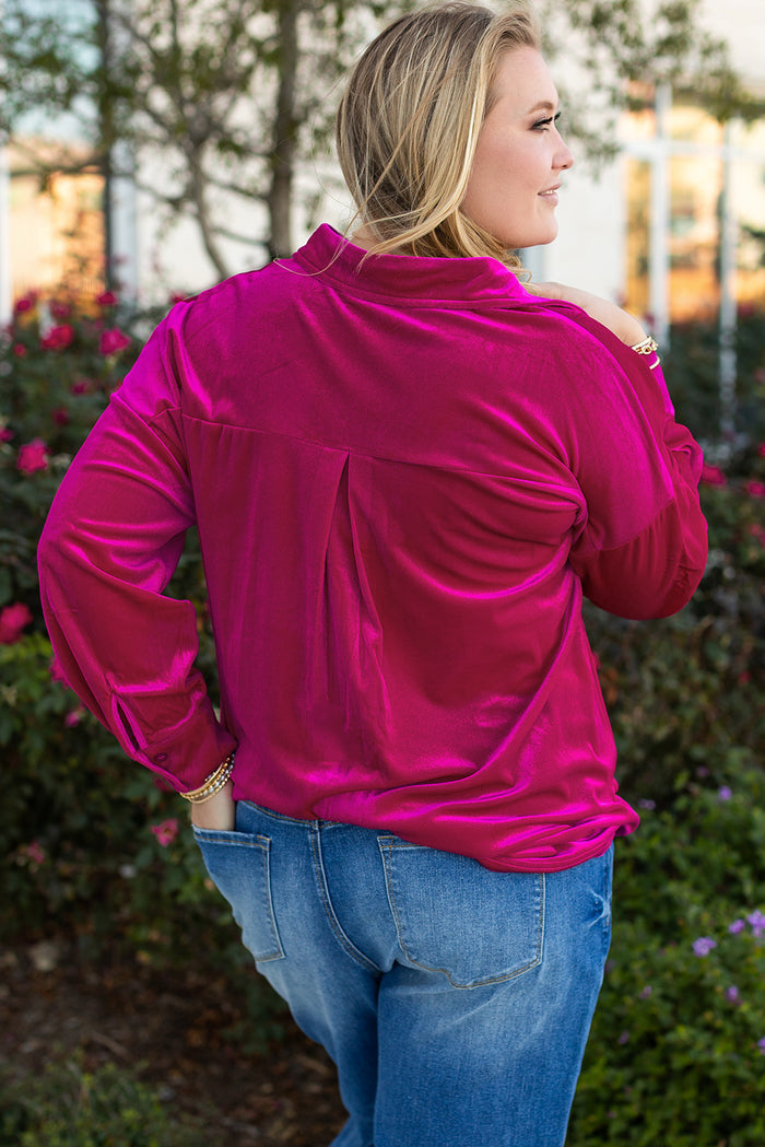 Chemise à épaules tombantes et poche poitrine en velours rose vif de grande taille-A WOMAN WE LOVE