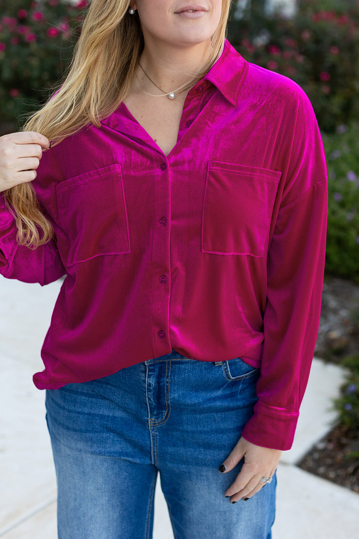 Chemise à épaules tombantes et poche poitrine en velours rose vif de grande taille-A WOMAN WE LOVE