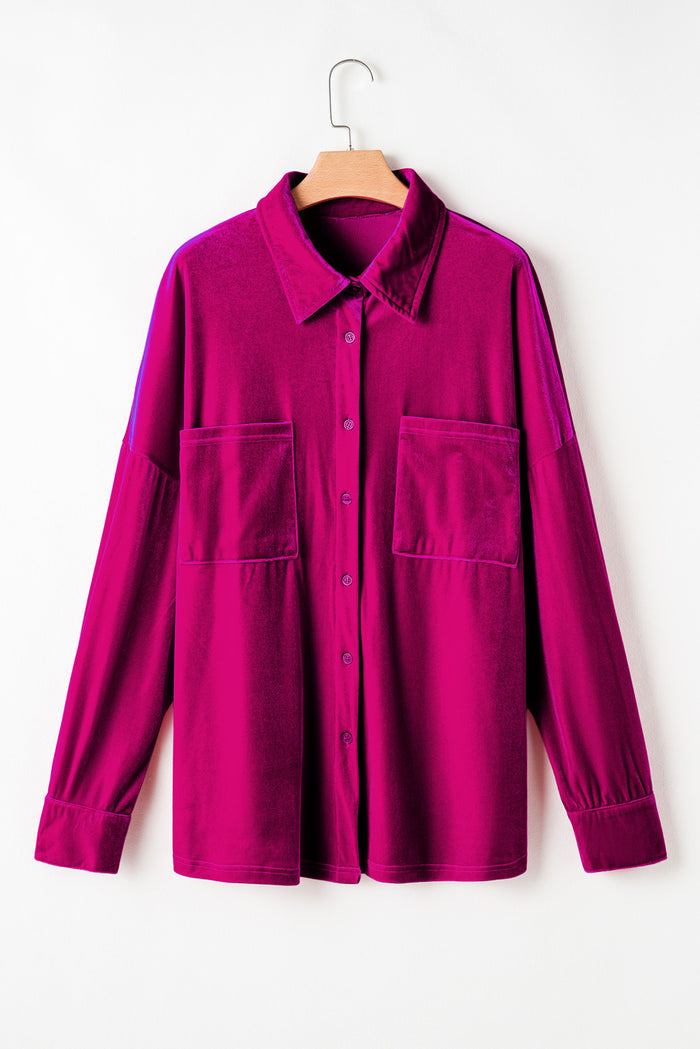 Chemise à épaules tombantes et poche poitrine en velours rose vif de grande taille-A WOMAN WE LOVE