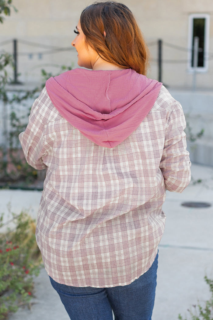 Chemise boutonnée à capuche avec cordon de serrage et imprimé à carreaux Bonbon, grande taille-A WOMAN WE LOVE