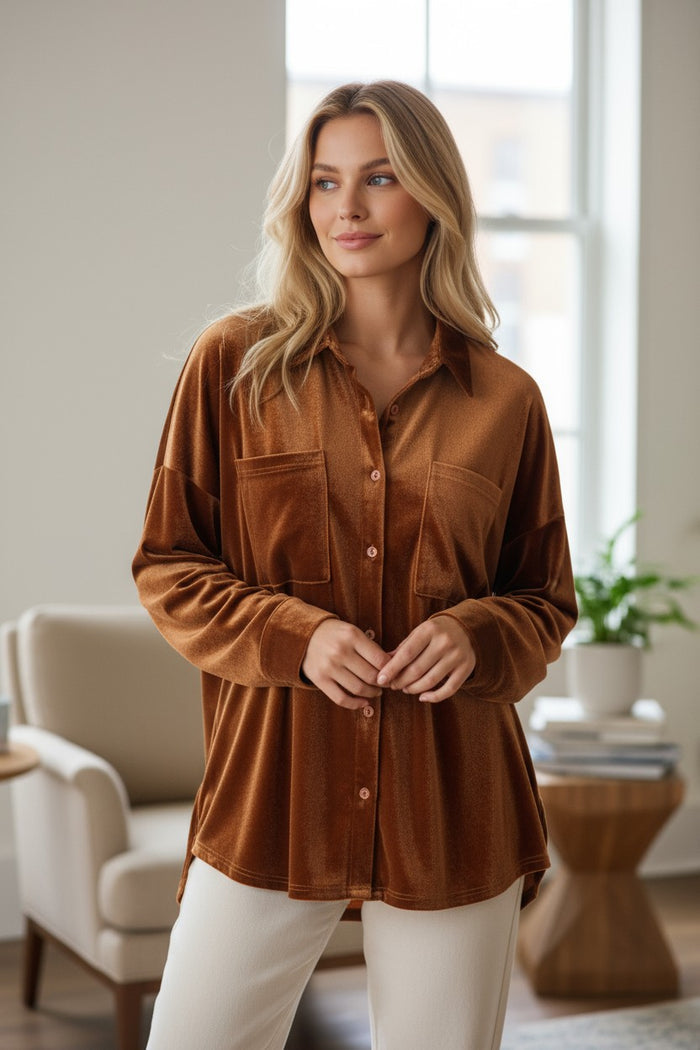 Chemise en Velours à Epaules Tombantes avec Poche Poitrine de Grande Taille