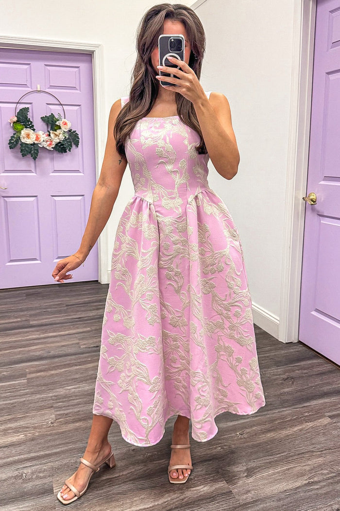 pale pink gold floral jacquard fit and flare silhouette midi dress