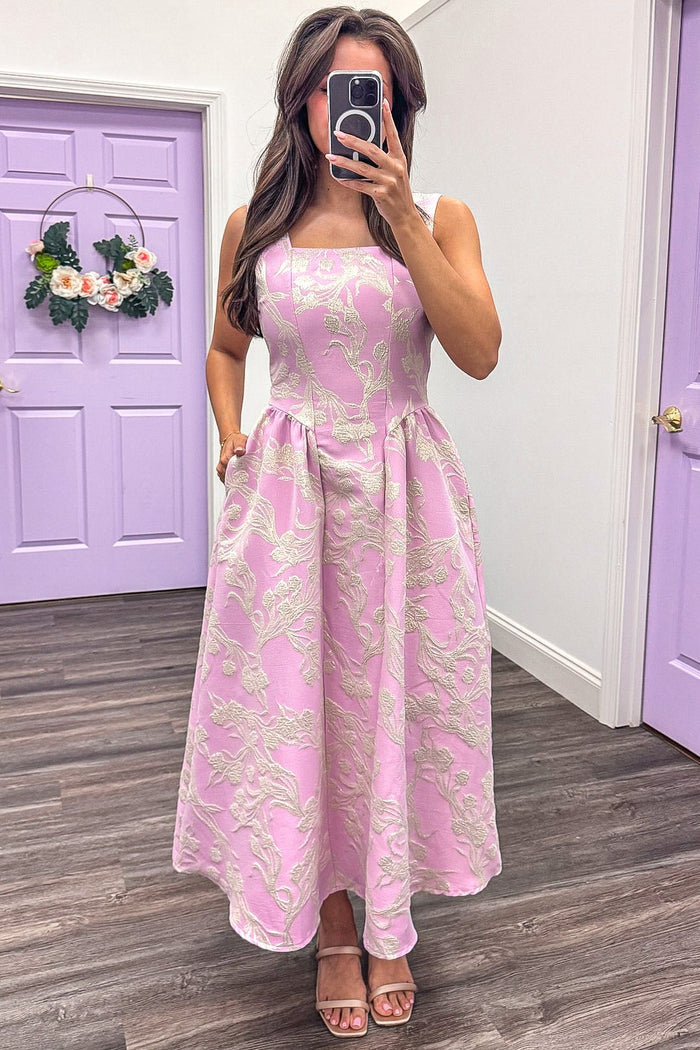 pale pink floral jacquard fit and flare silhouette midi dress with side pockets