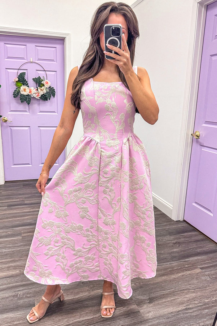 pale pink floral jacquard fit and flare silhouette sleeveless midi dress