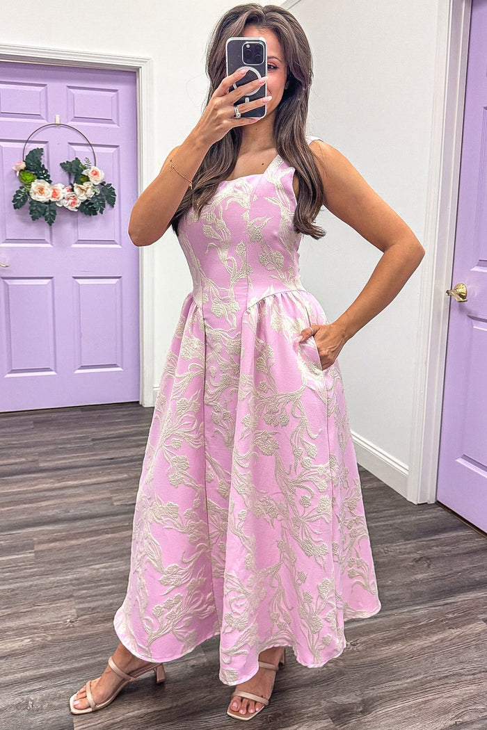 pale pink floral jacquard fit and flare silhouette square neckline midi dress