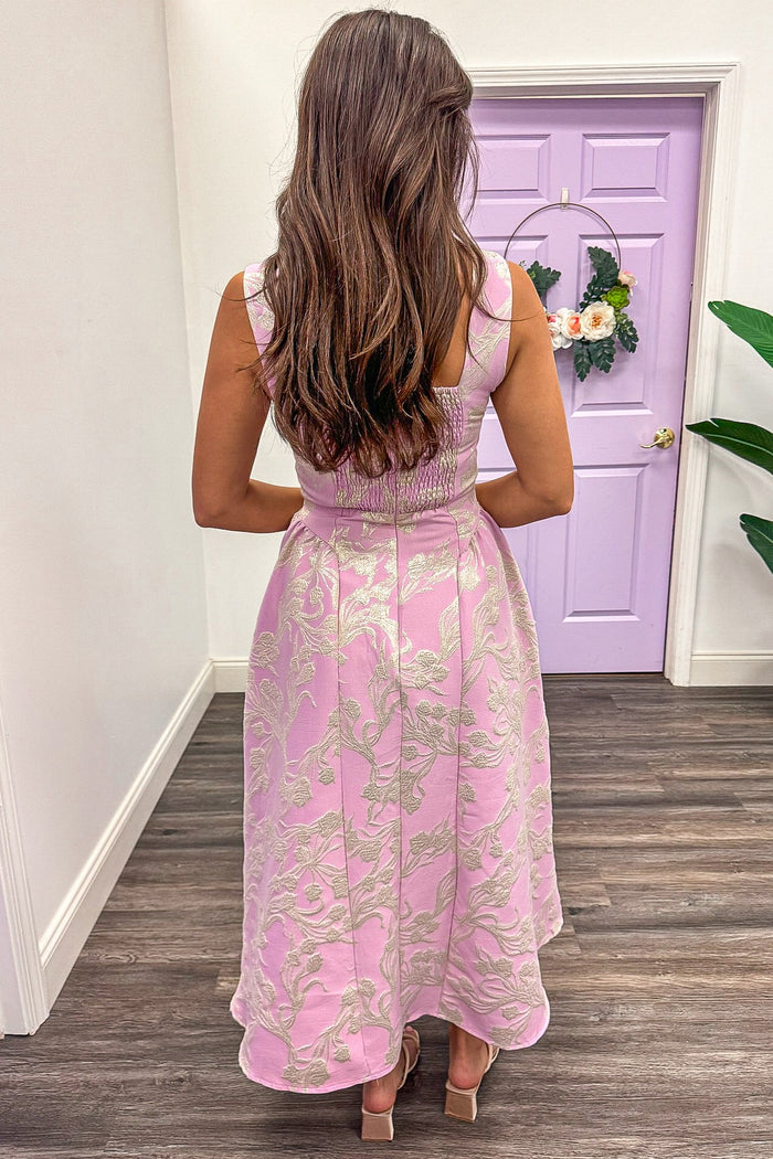 pale pink floral jacquard fit and flare silhouette midi dress back zipper closure