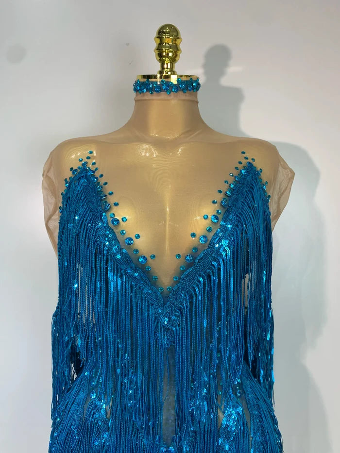 Christy blue mesh mini dress with sapphire rhinestones and cascading tassels for a sparkly evening look.