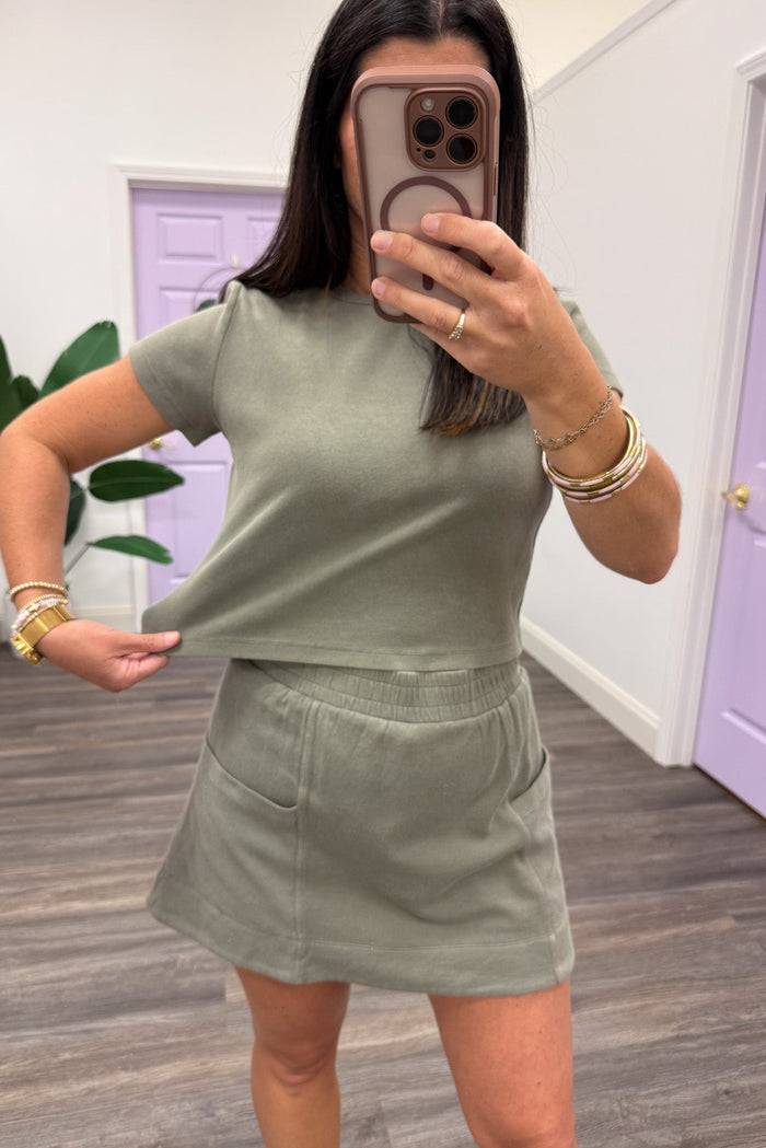 gray athleisure lightweight knit skort set with crew neckline semi-cropped top
