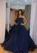 Classy Ball Gown Strapless Navy Blue Sequins Prom Dresses Party Dress Long Evening Dresses