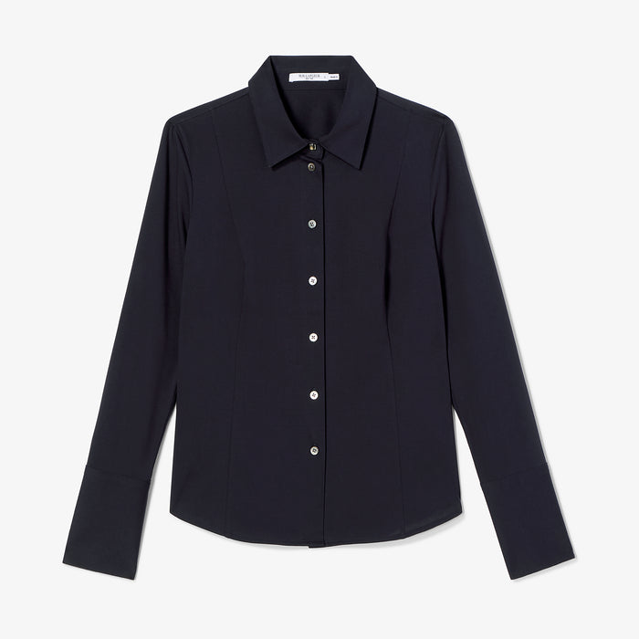 Navy shirt with a collar on a white background