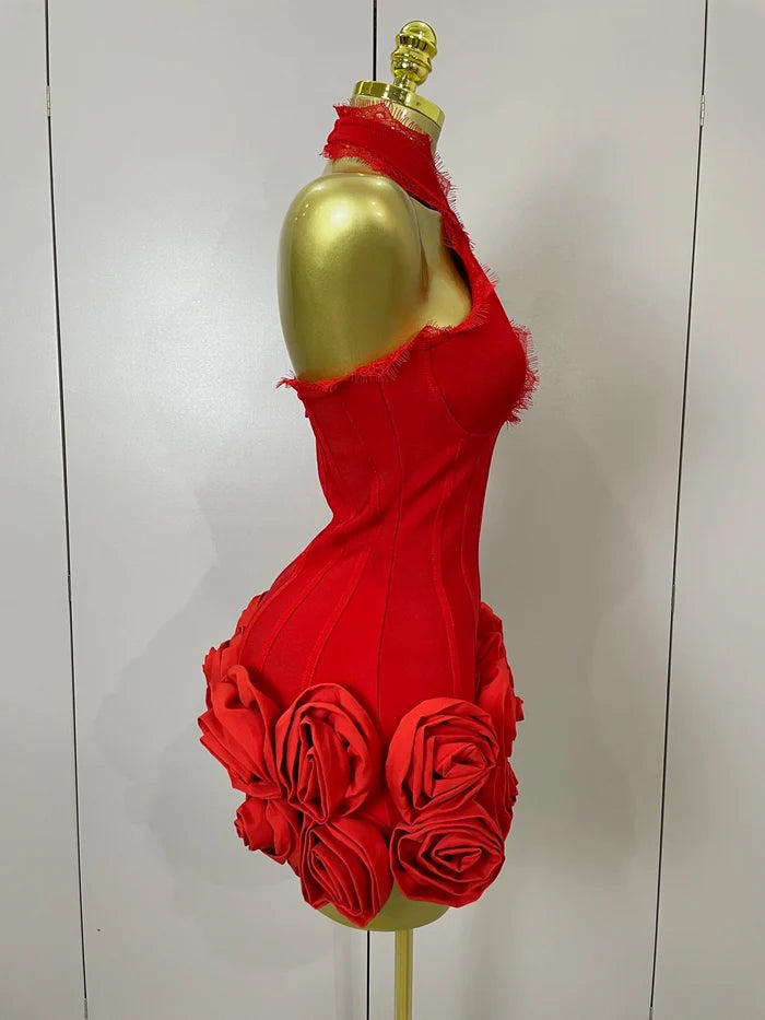 Cleo halter red floral lace bodycon mini dress for women’s birthdays, nightclub parties, or evening fashion events.