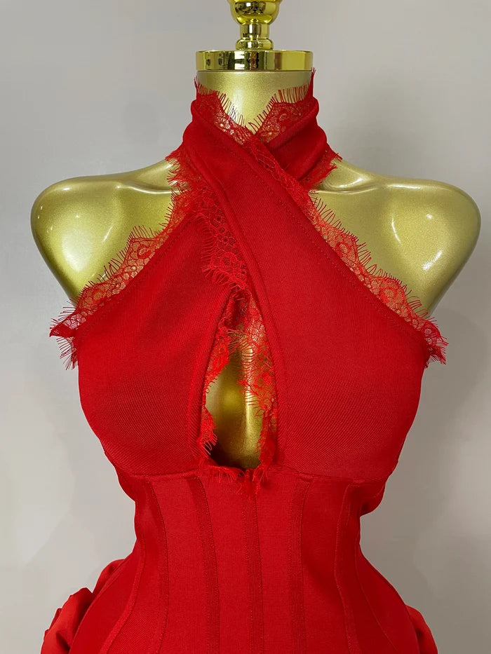 Cleo halter red floral lace bodycon mini dress for women’s birthdays, nightclub parties, or evening fashion events.