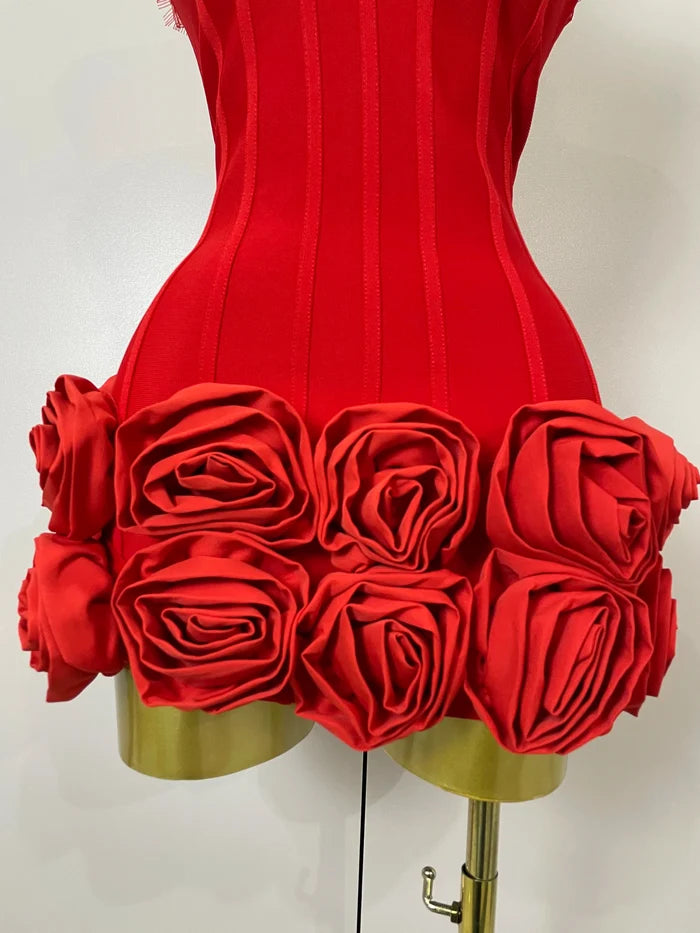 Cleo halter red floral lace bodycon mini dress for women’s birthdays, nightclub parties, or evening fashion events.