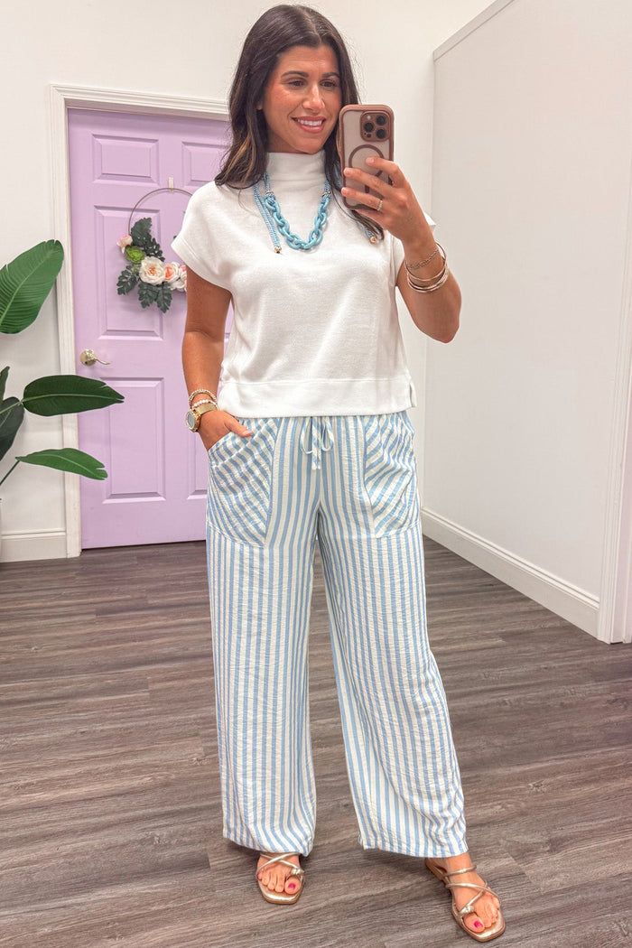 sky blue and cream striped wide leg elastic waist lightweight fabric pants
