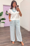sky blue and cream striped wide leg elastic waist lightweight fabric pants