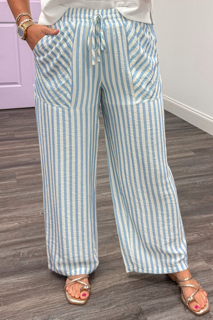 sky blue and cream striped wide leg elastic waist lightweight fabric pants with front pockets