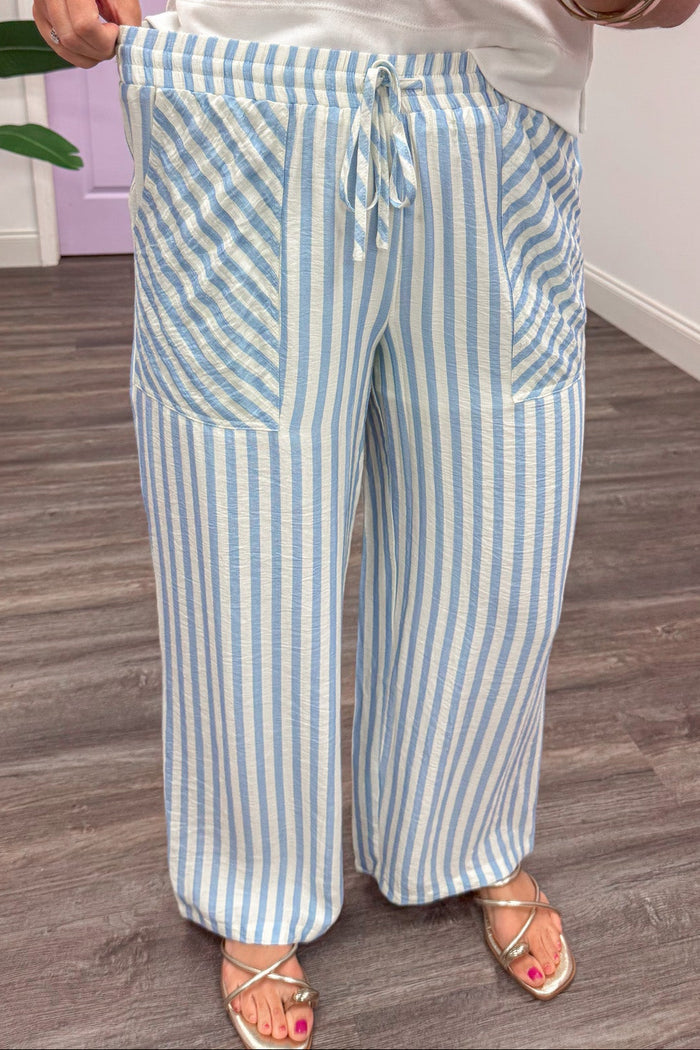 sky blue and cream striped wide leg drawstring elastic waist lightweight fabric pants
