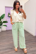 sage green and cream striped lightweight fabric wide leg pants