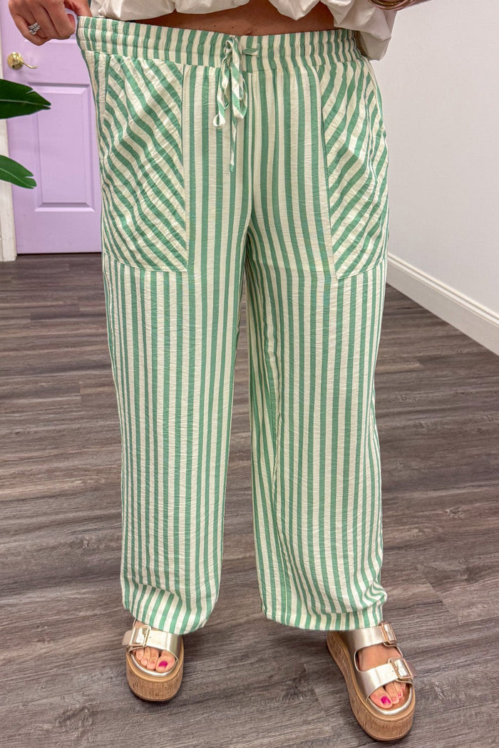 sage green and cream striped elastic waistband lightweight fabric wide leg pants