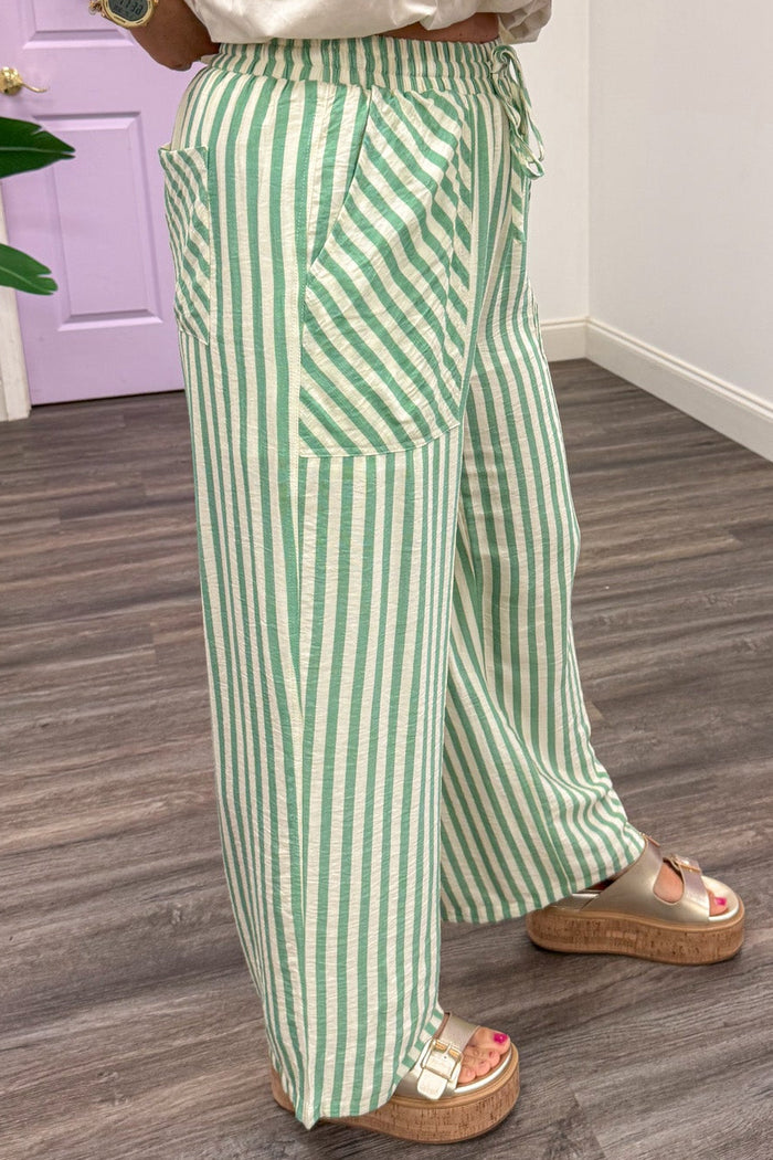 sage green and cream striped drawstring waist lightweight fabric wide leg pants