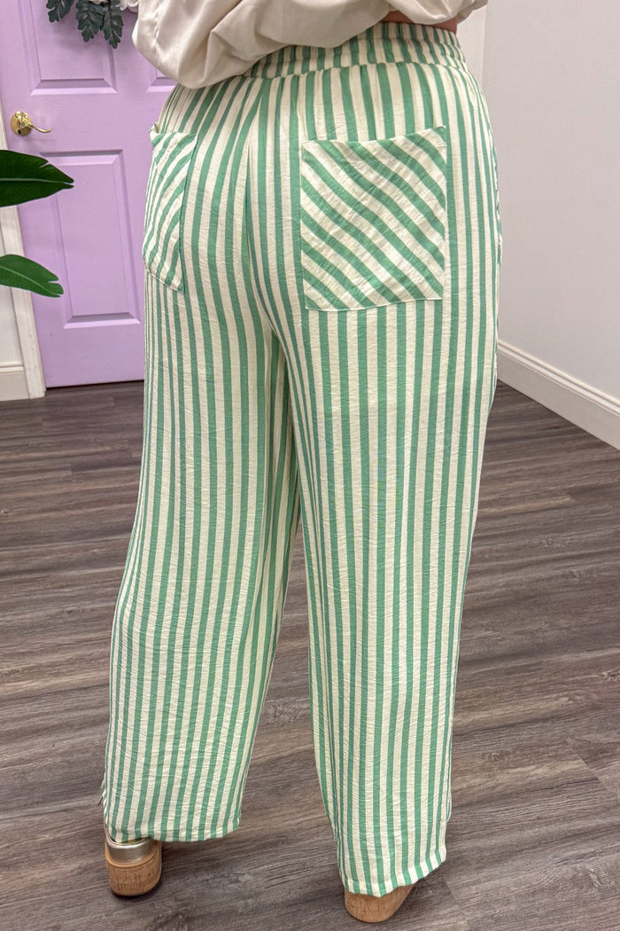 sage green and cream striped lightweight fabric wide leg pants with back pockets