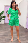 green with light blue embroidered scallop trim wide leg shorts