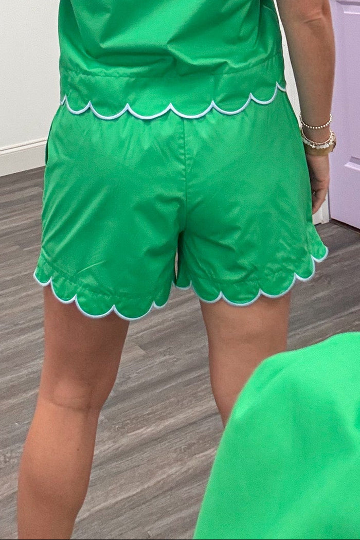 green with light blue embroidered scallop trim drawstring waist wide leg shorts