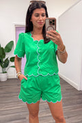 green with light blue embroidered scallop trim button front top