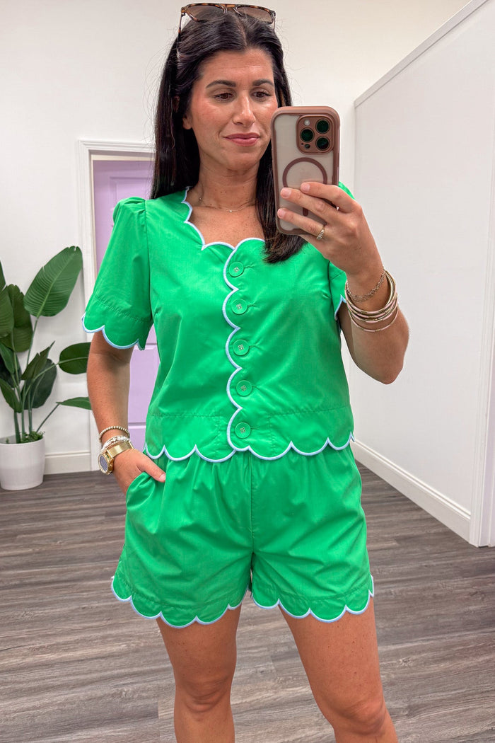 green with light blue embroidered scallop trim button front top