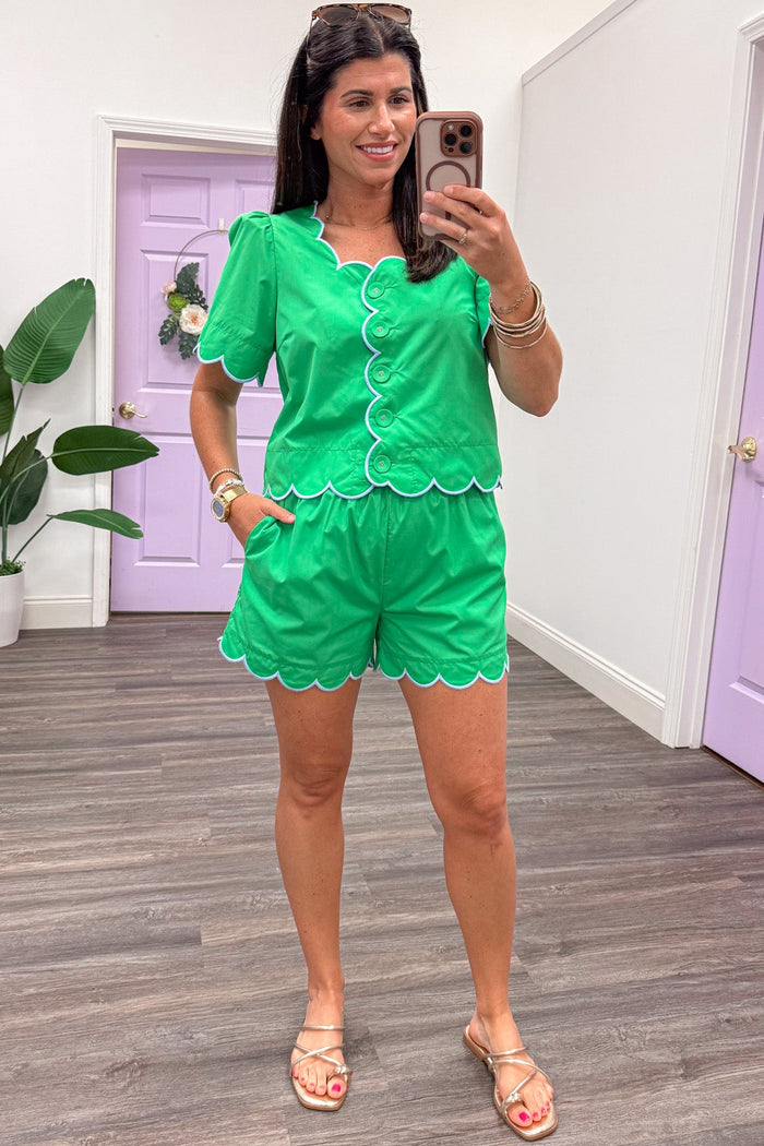 green with light blue embroidered scallop trim button front short sleeve top