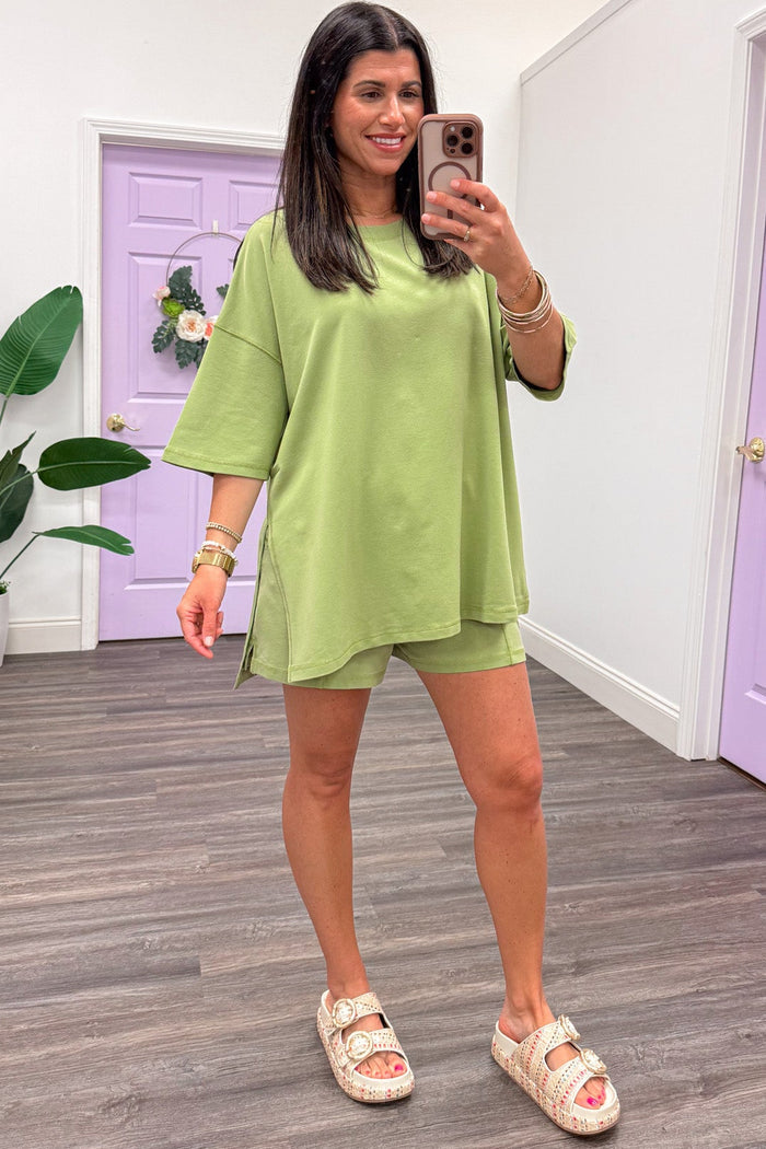sage green oversized short sleeve top and wide leg shorts terry knit athleisure set