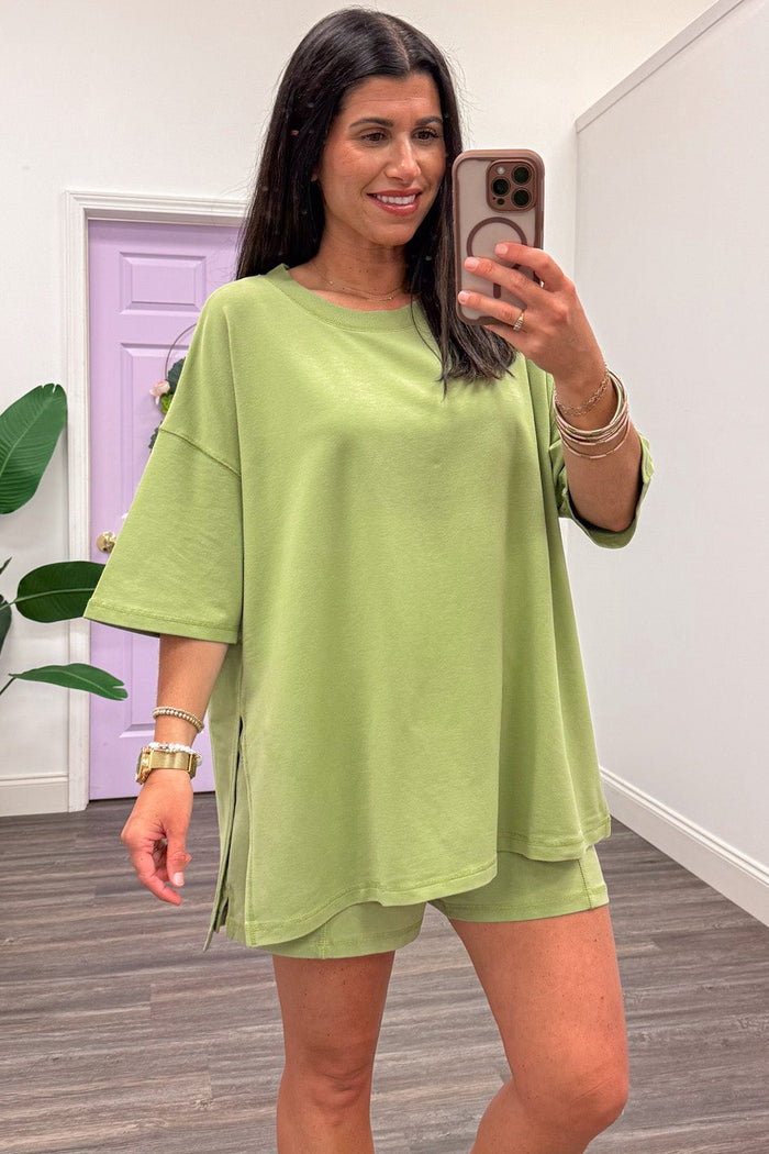 sage green oversized drop shoulder short sleeve top and wide leg shorts terry knit athleisure set