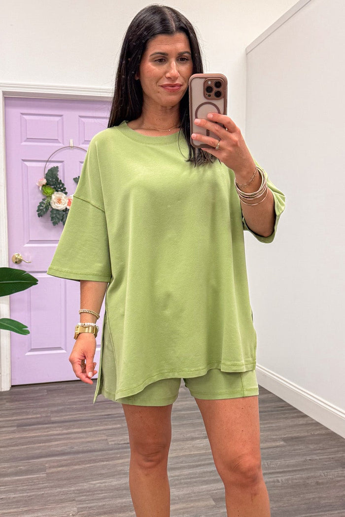 sage green oversized short sleeve crew neckline top and wide leg shorts terry knit athleisure set