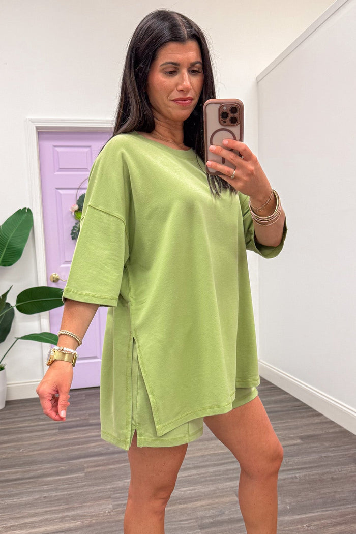 sage green hem side slits oversized top and wide leg shorts terry knit athleisure set