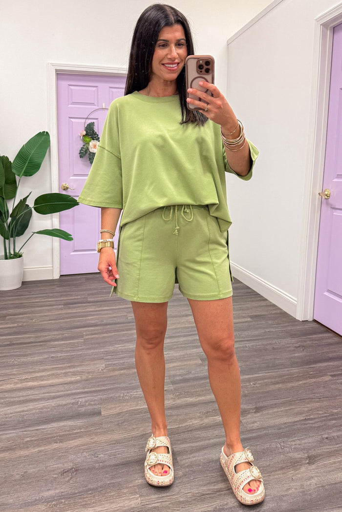 sage green oversized short sleeve top and wide leg shorts terry knit set