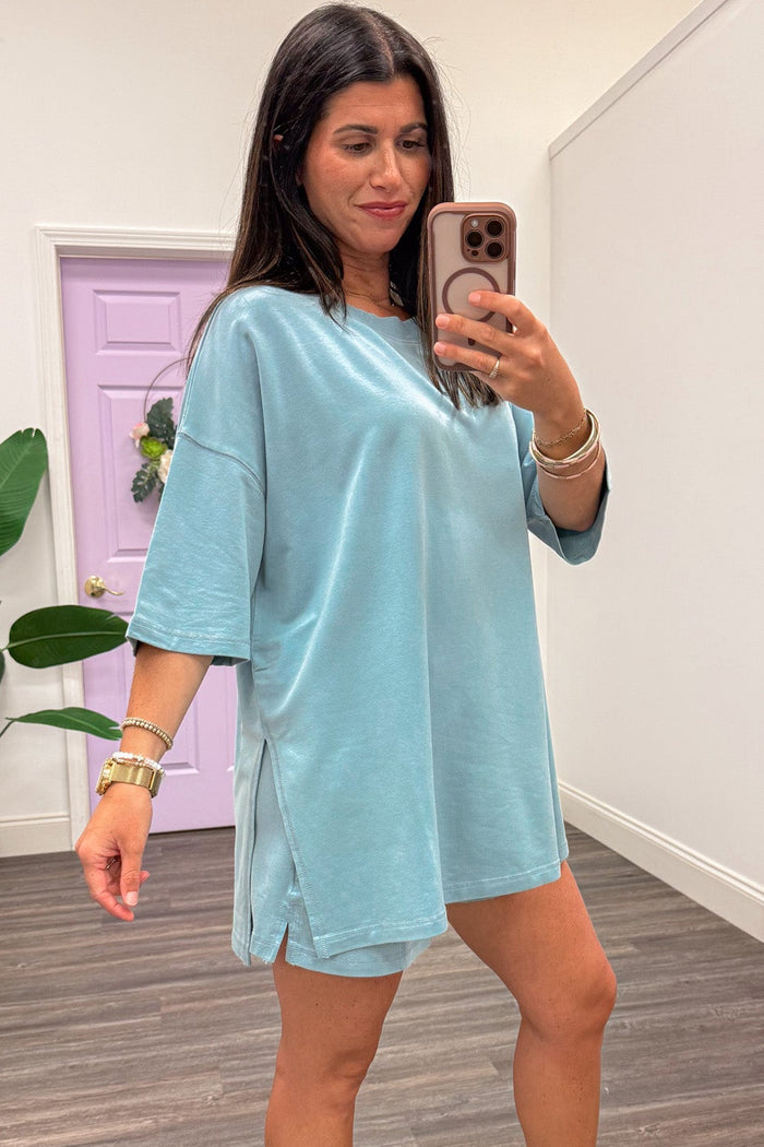 sky blue oversized short sleeve crew neckline top and wide leg shorts terry knit athleisure set