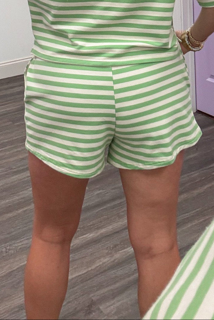 green and cream striped with light blue trim details french terry knit shorts back view