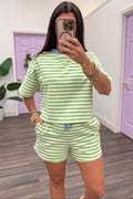 green and cream striped short sleeve semi-cropped french terry knit top